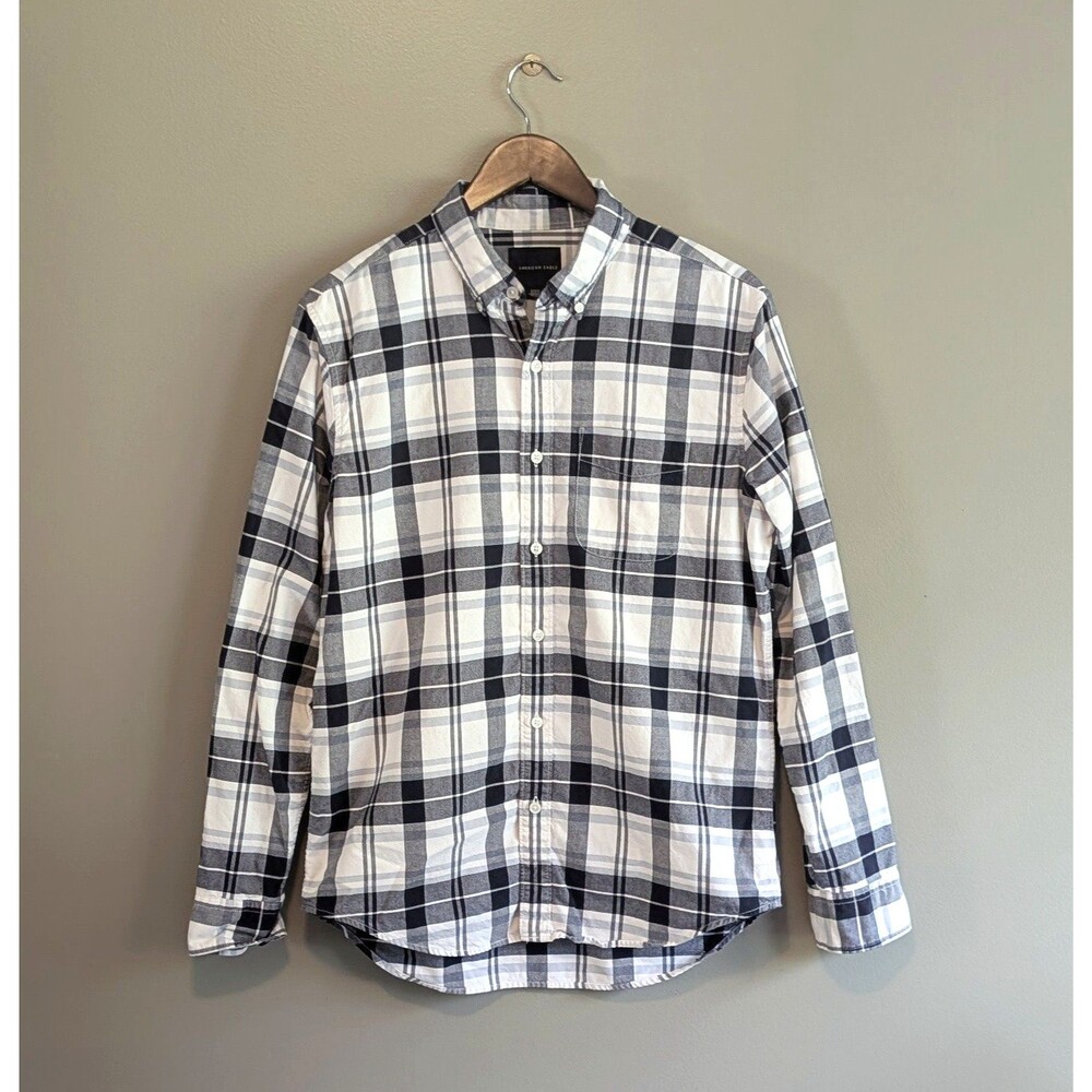 American Eagle Mens Medium OCBD Blue White Plaid Button Down Cotton Cloth Shirt
